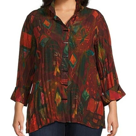 Ali Miles Wire Collar Top Size 1X Printed Artsy Art To Wear Maximalist Pleated - Picture 1 of 9